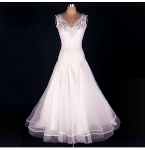 White rhinestones v neck sleeveless competition performance professional women's ladies female standard  ballroom tango waltz dance dresses 